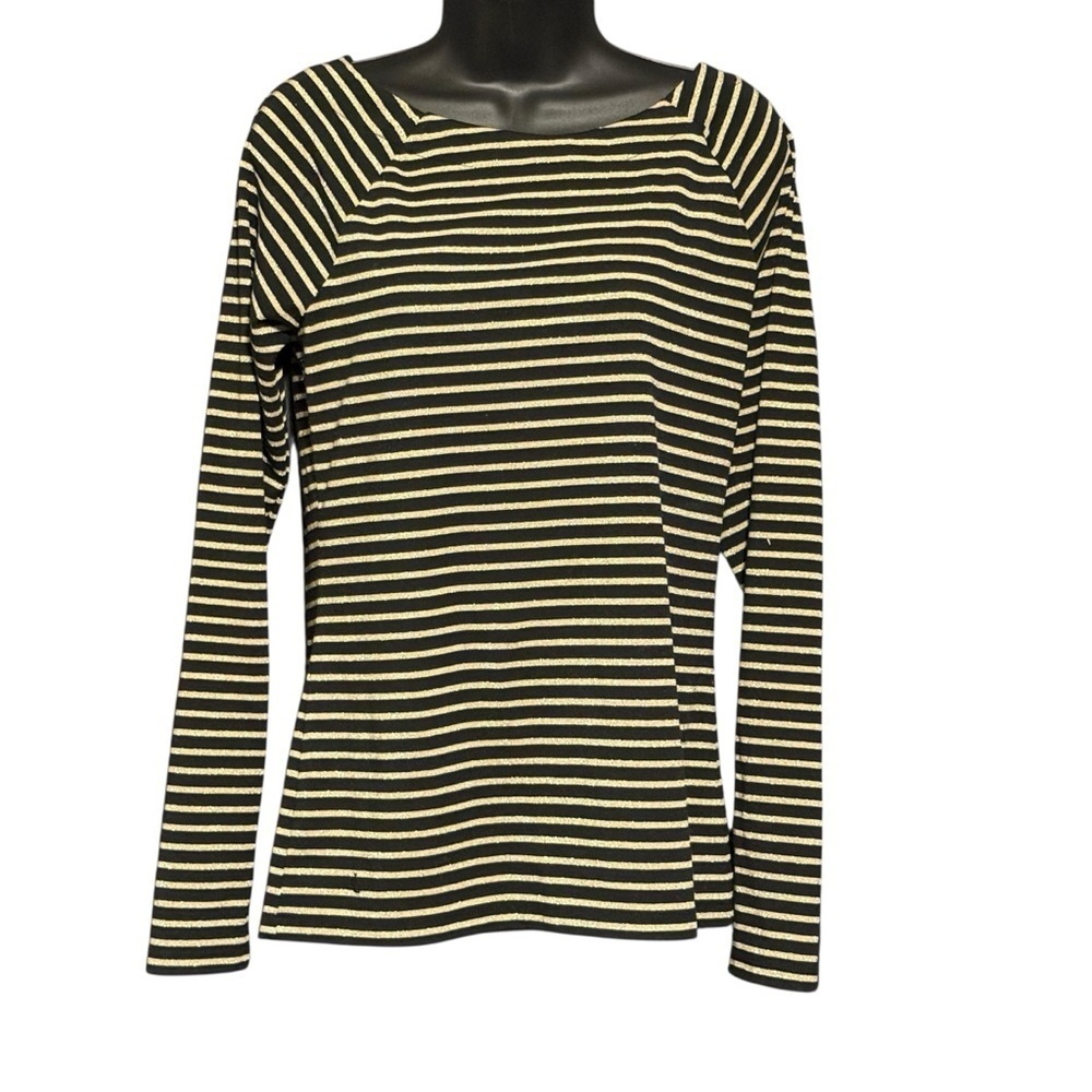 LRL Ralph Lauren Black Gold Metallic Stripe Knit Top Square Neck Holiday Size L